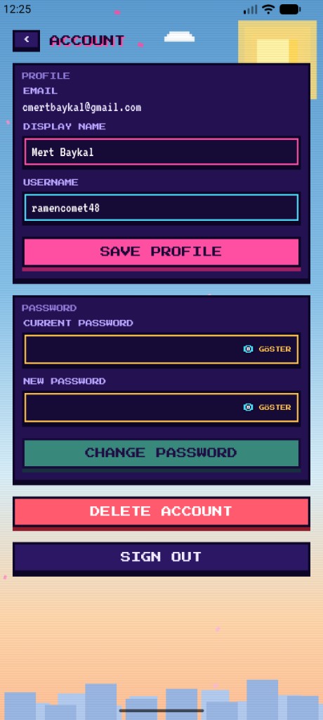 Otaku Trivia Account screen showing the Delete Account button